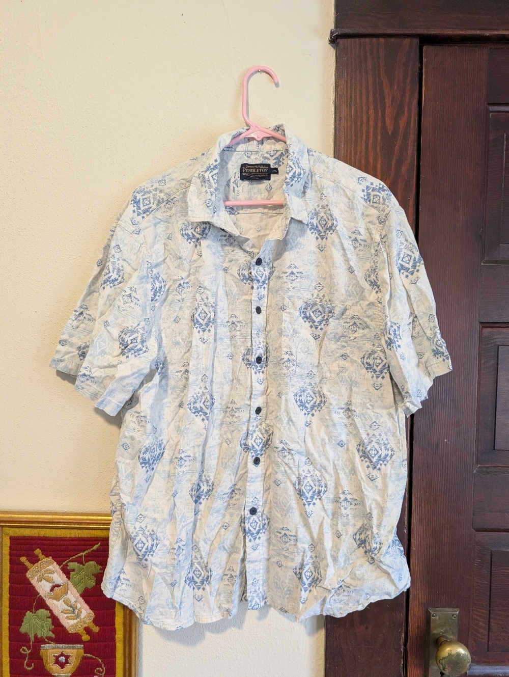 Pendleton Dawson Button Down Short Sleeve Shirt In‎ White And Blue